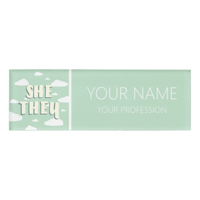 Green Clouds She They Pronouns Name Tag (Front)