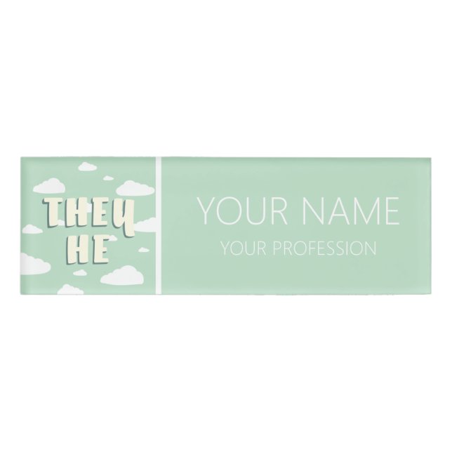Green Clouds They He Pronouns Name Tag (Front)