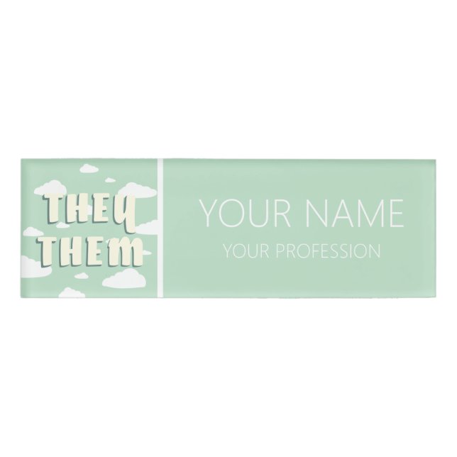 Green Clouds They Them Pronouns Name Tag (Front)
