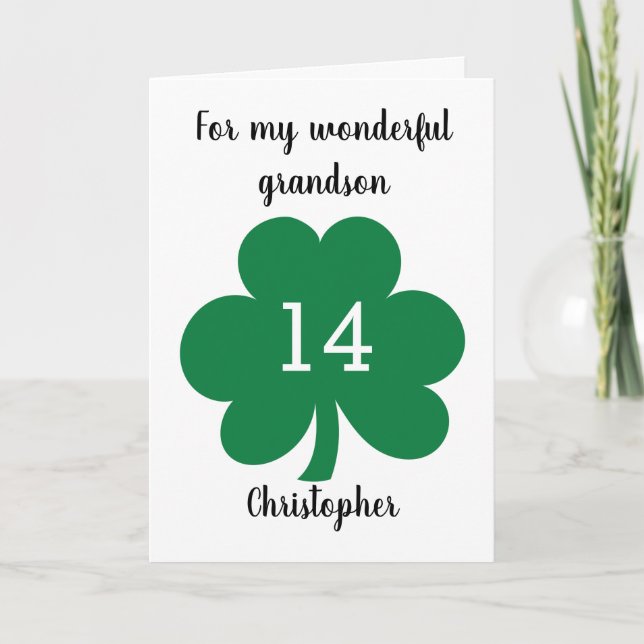 Green Clover Leaf St. Patrick's Day 14th Birthday Card (Front)