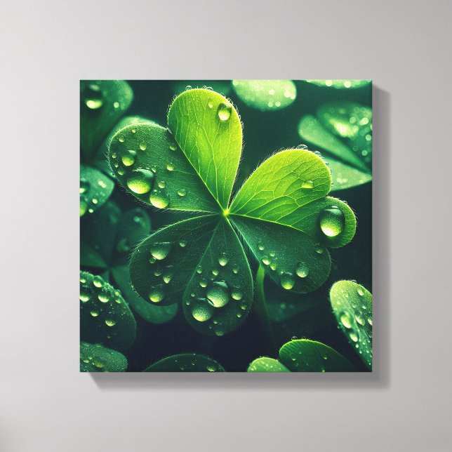 Green clover leaves with water droplets - canvas print (Front)