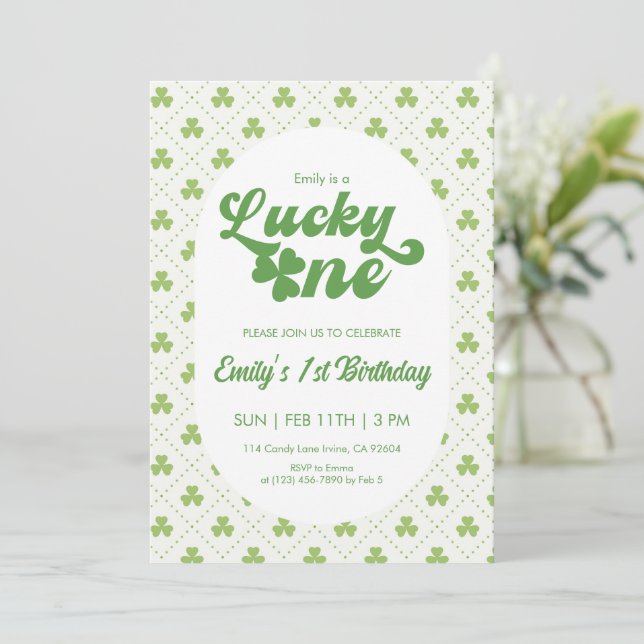 Green Clover Lucky One First Birthday Invitation (Standing Front)
