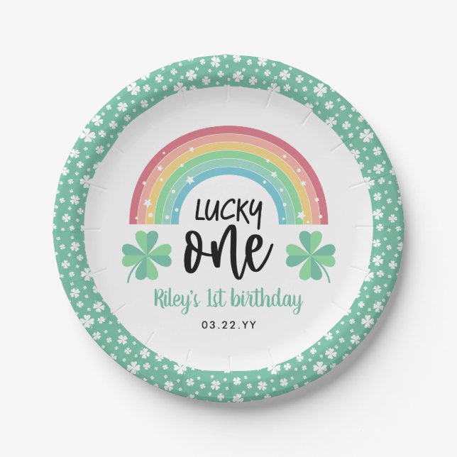 Green Clover & Rainbow Lucky One First Birthday Paper Plate (Front)