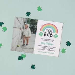 Green Clover Rainbow Lucky One Photo 1st Birthday Invitation
