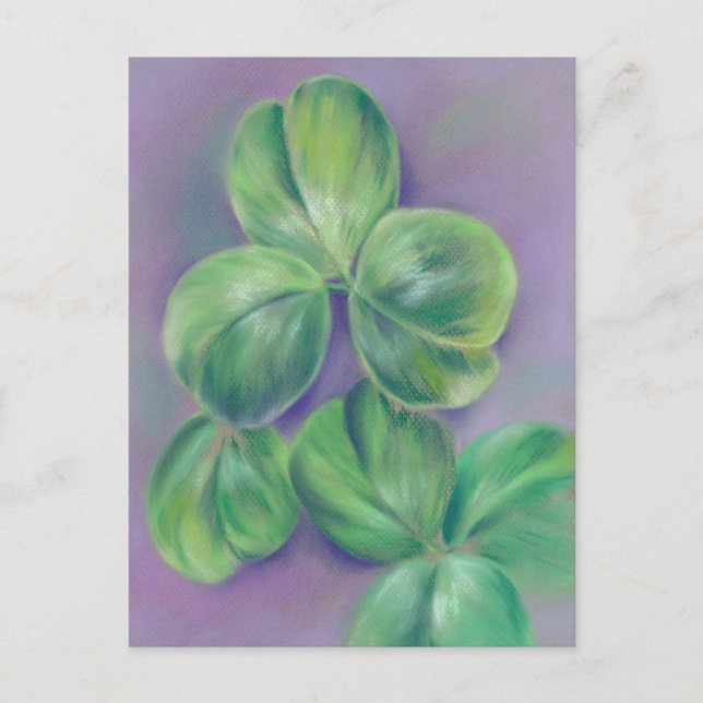 Green Clover Shamrocks on Purple Pastel Art Postcard (Front)