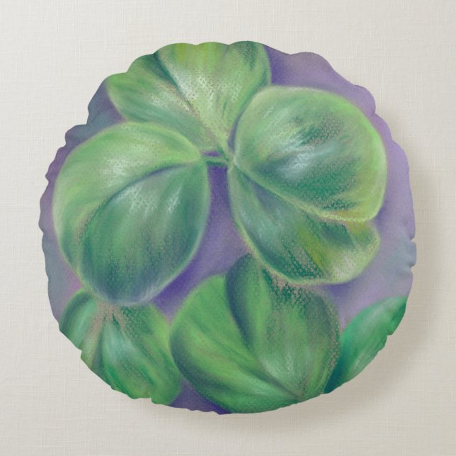 Green Clover Shamrocks on Purple Pastel Art Round Cushion (Front)
