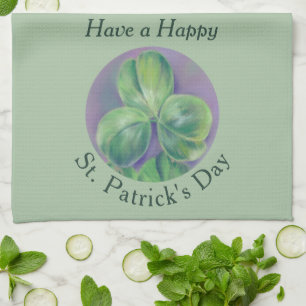 Green Clover Shamrocks on Purple St. Patrick's Day Tea Towel