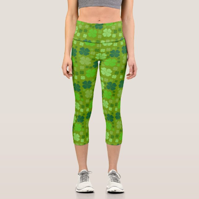 Green Clovers, Lucky Clovers, Saint Patrick's Day Capri Leggings (Front)