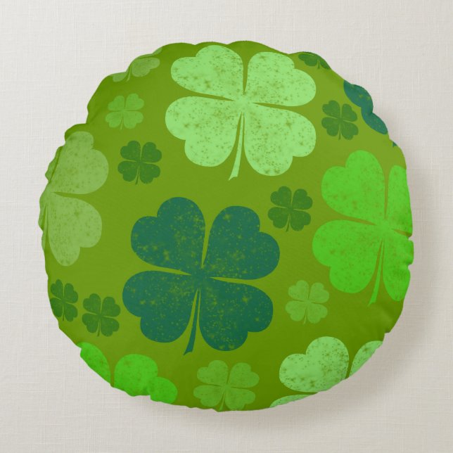 Green Clovers, Lucky Clovers, Saint Patrick's Day Round Cushion (Front)