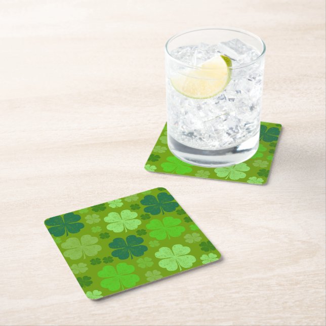 Green Clovers, Lucky Clovers, Saint Patrick's Day Square Paper Coaster (Insitu)