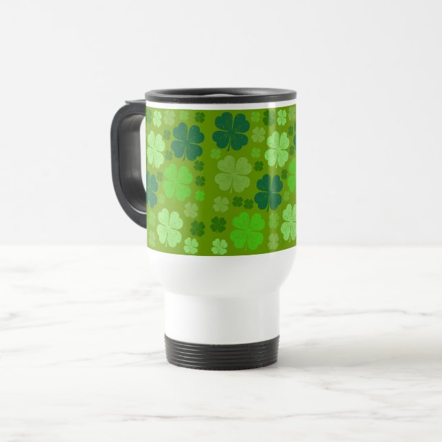 Green Clovers, Lucky Clovers, Saint Patrick's Day Travel Mug (Front Left)