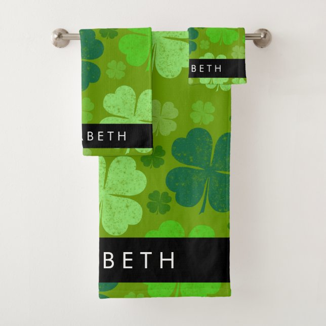 Green Clovers, Lucky Clovers, Your Name Bath Towel Set (Insitu)