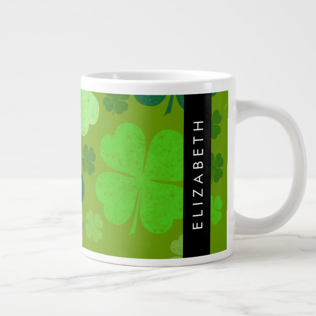 Green Clovers, Lucky Clovers, Your Name Large Coffee Mug (Right)