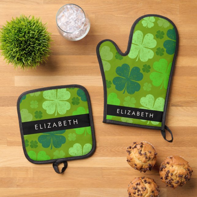 Green Clovers, Lucky Clovers, Your Name Oven Mitt & Pot Holder Set (Top Down)