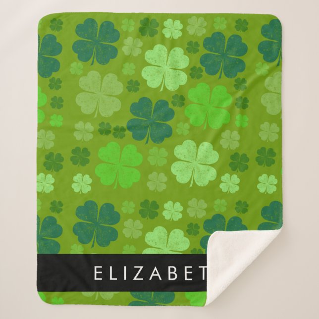 Green Clovers, Lucky Clovers, Your Name Sherpa Blanket (Front)