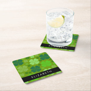Green Clovers, Lucky Clovers, Your Name Square Paper Coaster