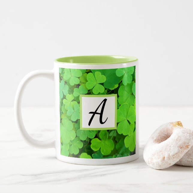 Green Clovers Photo Prosperity Bible Verse Initial Two-Tone Coffee Mug (With Donut)