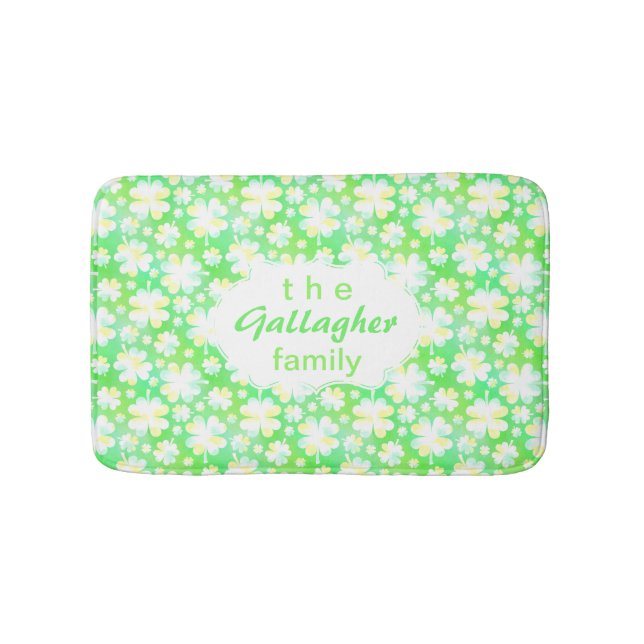 Green Clovers Shamrock Irish Personalised Family Bath Mat (Front)