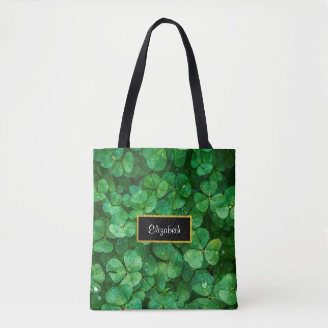 Green Clovers with FAUX Gold Foil Frame Tote Bag (Front)