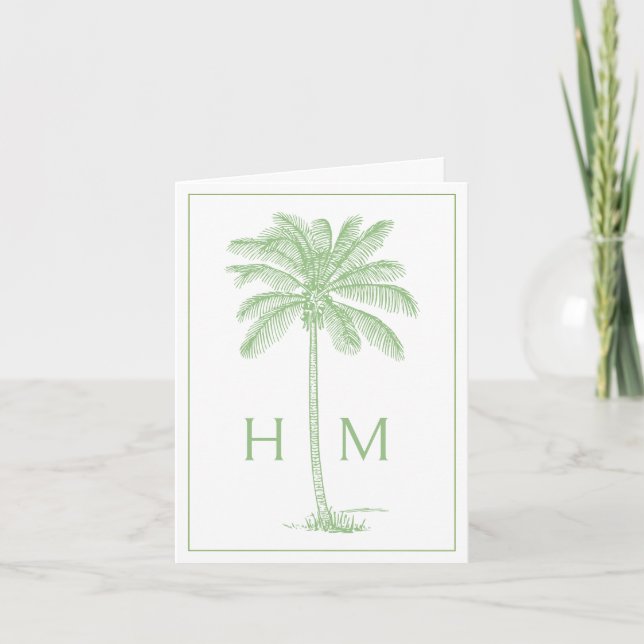 Green Coastal Palmetto Palm Monogram Note Card (Front)