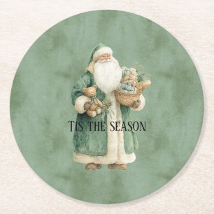 Green Coat Santa Christmas Toys Round Paper Coaster