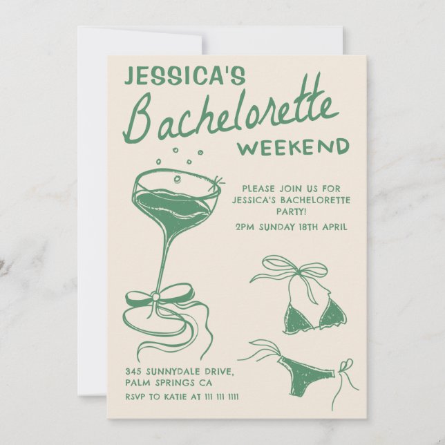 Green Cocktail Bachelorette Weekend Itinerary Invitation (Front)