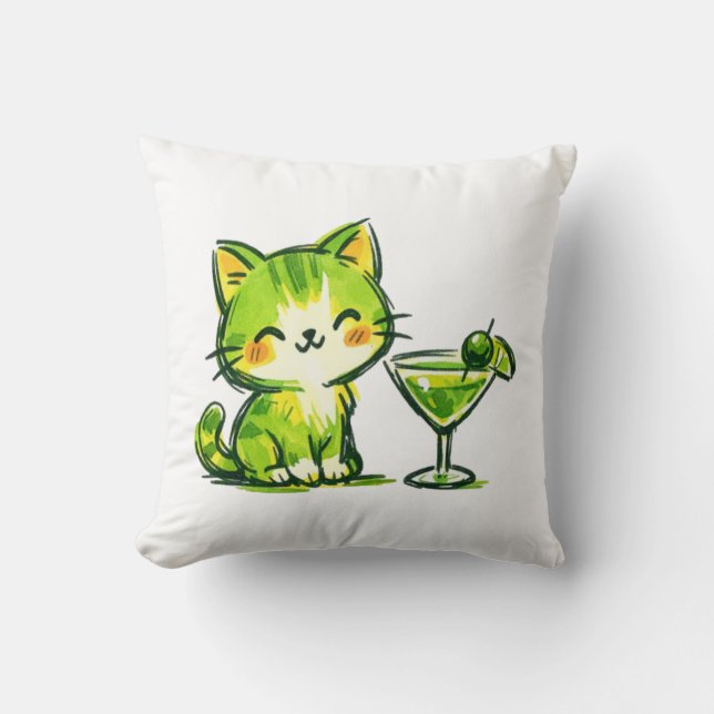 Green Cocktails and Cats Cushion (Front)