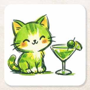 Green Cocktails and Cats Square Paper Coaster