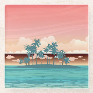 Green coconut island: sunset illustration. glass coaster