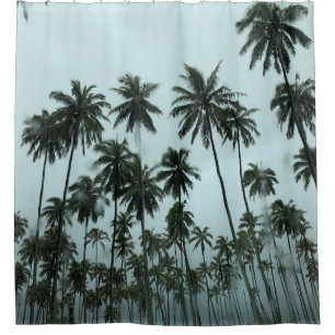 Green coconut trees under white sky in the morning shower curtain