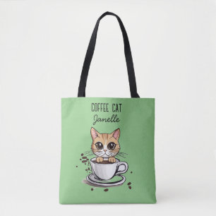 Green Coffee Cat Funny Tote Bag