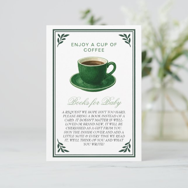 Green Coffee Cup Books for Baby Shower Enclosure Card (Standing Front)