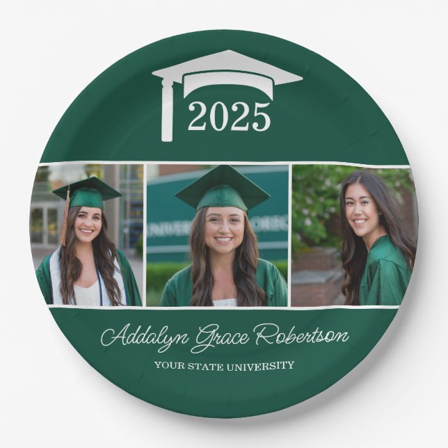 Green College University 3 Photo Graduation  Paper Plate (Front)