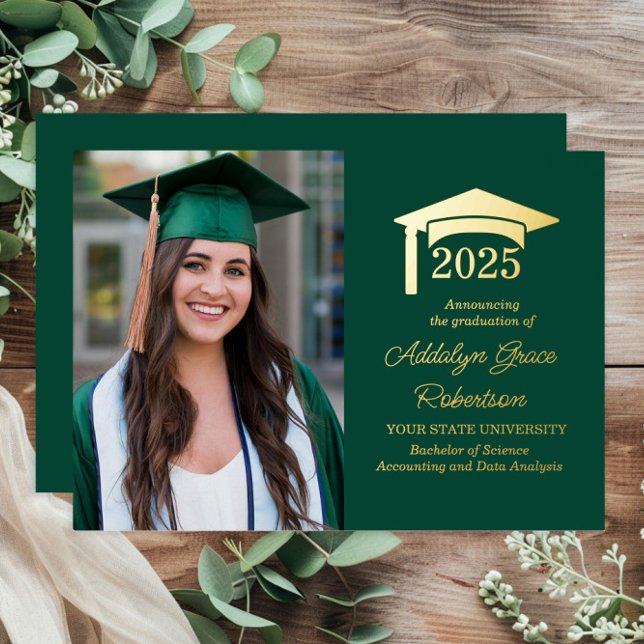 Green College University Photo Graduation (Real gold foil green graduation party photo invitation)
