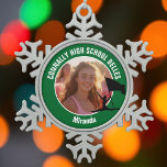 Green Color Guard Photo High School Dancer Snowflake Pewter Christmas Ornament<br><div class="desc">This cool customized high school color guard photo gift features white typography of your team and dancer name on a green Christmas ornament with a silhouette of a girl leaping and flag spinning. Personalize with your student's photograph and class year as a proud parent.</div>