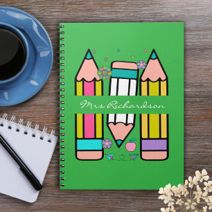 Green Colorful teacher name pencil cartoon  Notebook