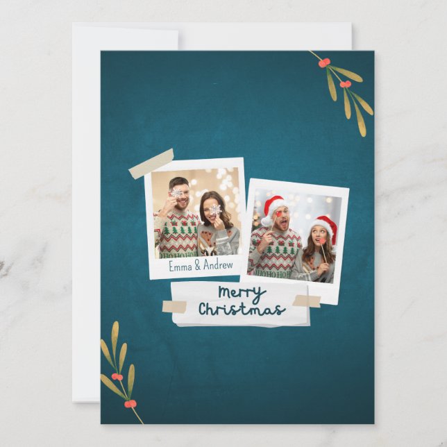 Green Colour Christmas Photo Card with Greetings (Front)
