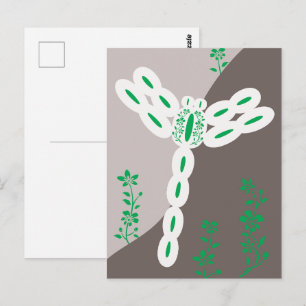 Green Colour Splash Flying Floral Dragonfly Postcard