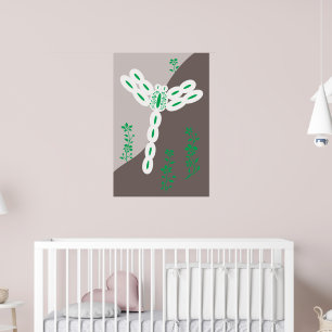 Green Colour Splash Flying Floral Dragonfly Poster