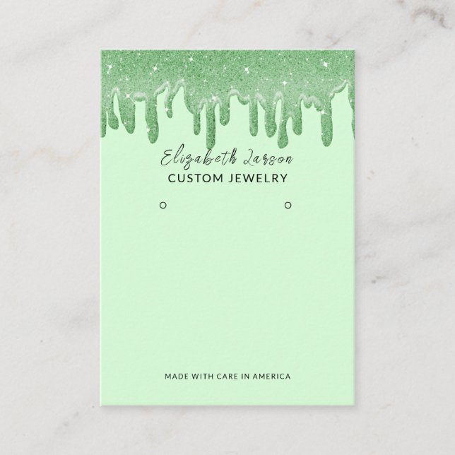 Green Colour Theme Glitter Drops Jewellery Display Calling Card (Front)