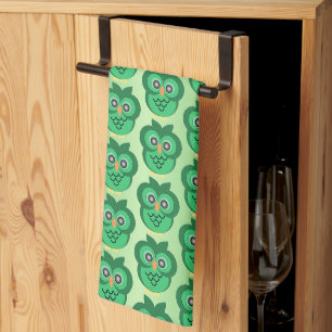 Green Coloured Owl Design Any Colour Background Tea Towel