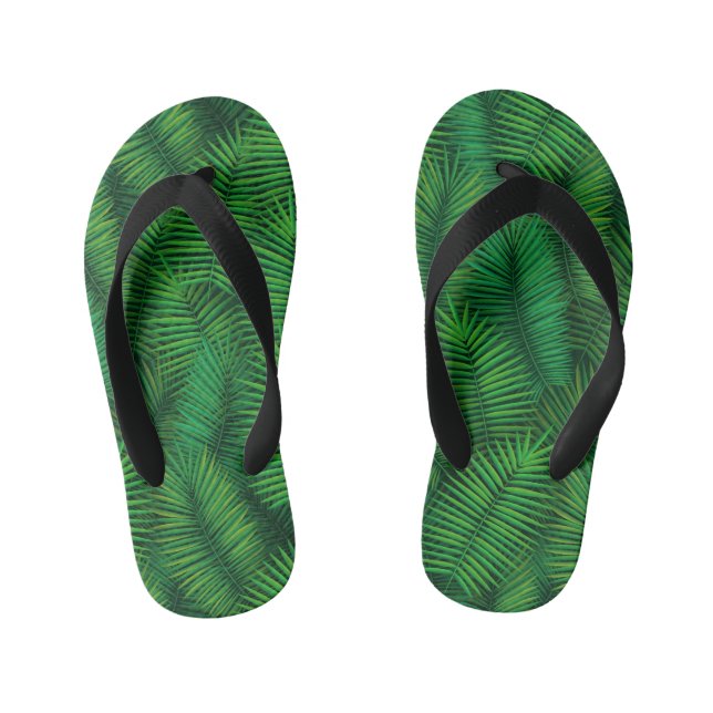 Green coloured palm tree leaf pattern. kid's jandals (Footbed)