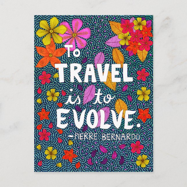 Green Colourful Flowers Typography Travel Quote Postcard (Front)
