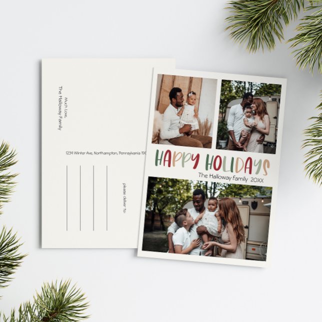 Green Colourful Happy Holidays Bold Three Photo Holiday Postcard (Creator Uploaded)