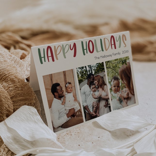 Green Colourful Happy Holidays Folded Three Photo Holiday Card (Creator Uploaded)
