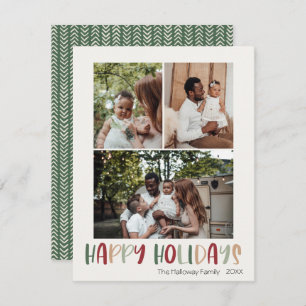 Green Colourful Happy Holidays Vertical 3 Photo Holiday Card