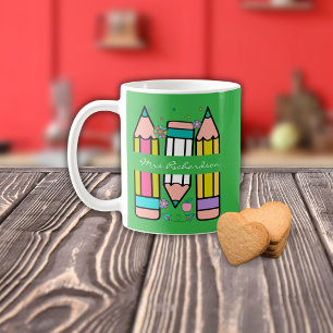Green Colourful teacher name pencil cartoon Coffee Mug