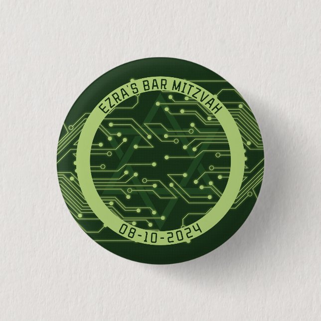 Green Computer Circuit Board Bar Mitzvah 3 Cm Round Badge (Front)