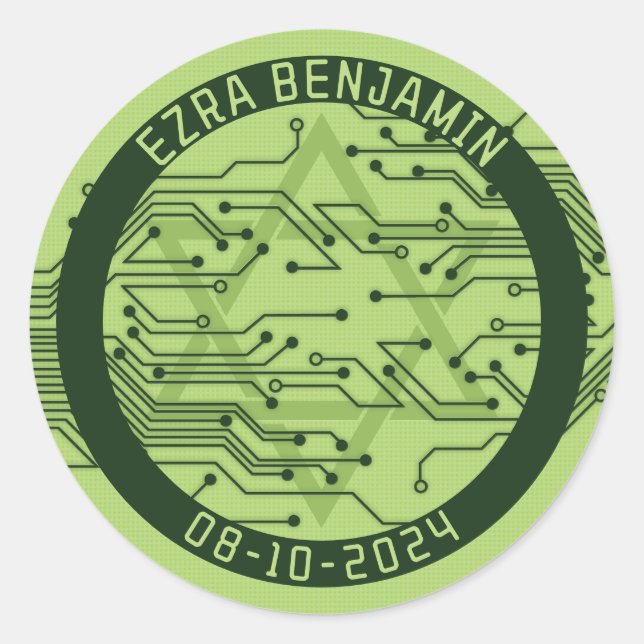 Green Computer Circuit Board Bar Mitzvah Classic Round Sticker (Front)