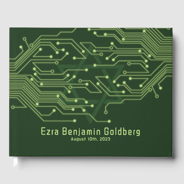 Green Computer Circuit Board Bar Mitzvah Guest Book (Front)